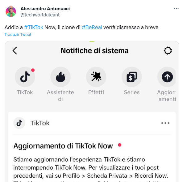 Criador de conteúdo Alessandro Antonucci, da Itália, recebeu notificação sobre o encerramento do TikTok Now (Imagem: Reprodução/Tecnoblog)