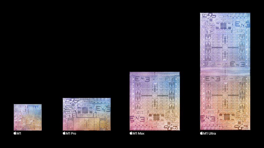 Comparativo de tamanho da Apple entre os chips M1, M1 Pro, M1 Max e M1 Ultra (Imagem: Divulgação/Apple)