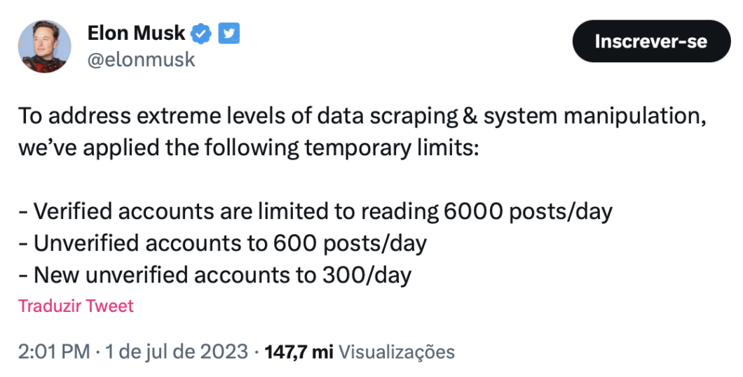 Tweet de Elon Musk menciona data scraping e manipulação do sistema (Imagem: Thássius Veloso/Tecnoblog)