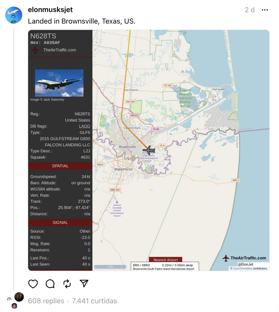 Print de postagem com mapa e localização de avião