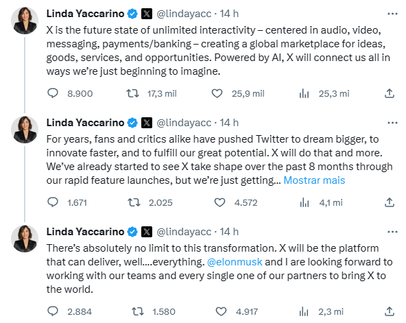 Linda Yaccarino comenta sobre planos de X ser o app de tudo (Imagem: Reprodução/Tecnoblog)
