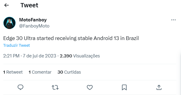Usuário divulgou que Android 13 chegou para o Edge 30 Ultra no Brasil, mas contas de outros países afirmam que estão recebendo o update (Imagem: Reprodução/Tecnoblog)