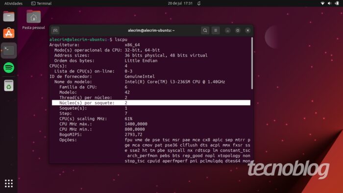 Núcleos de CPU no Ubuntu Linux com o comando 'lscpu' (imagem: Emerson Alecrim/Tecnoblog)