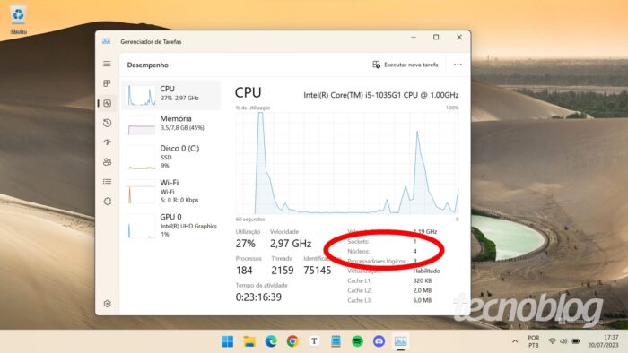 Núcleos de CPU no Windows 11 (imagem: Emerson Alecrim/Tecnoblog)