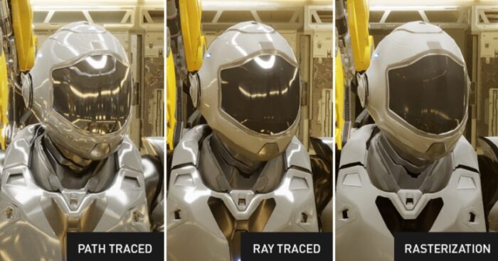 Comparativo entre ray tracing, path tracing e rasterização (imagem: reprodução/Nvidia)
