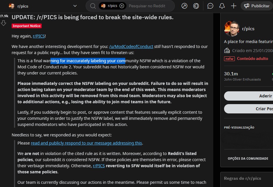 r/Pics divulgou ultimato do Reddit sobre remover moderadores que marcaram as comunidades como NSFW (Imagem: Reprodução/Tecnoblog)