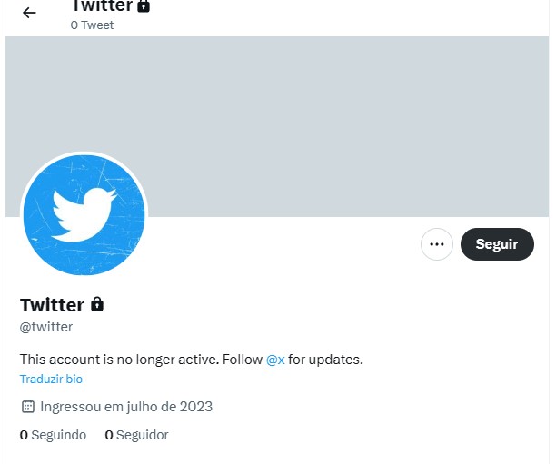 @Twitter foi desativado e não tem nem mesmo os ícones de conta oficial da plataforma X (Imagem: Reprodução/Tecnoblog)