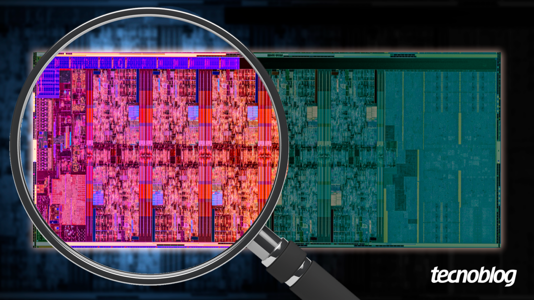 Por dentro de um Intel Core i9-10900K; em destaque, os núcleos da CPU (Imagem: Divulgação/Intel/Vitor Pádua/Tecnoblog)