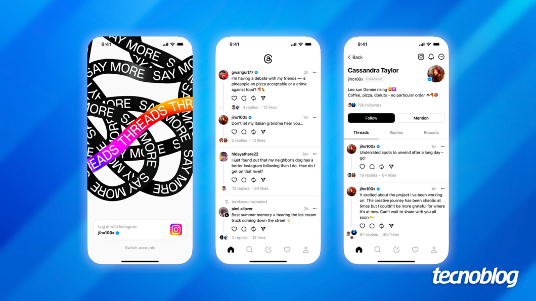 Três prints lado a lado do aplicativo Threads. O primeiro tem a tela inicial, o segundo tem uma conversa entre pessoas e o terceiro exibe um único perfil de usuário.