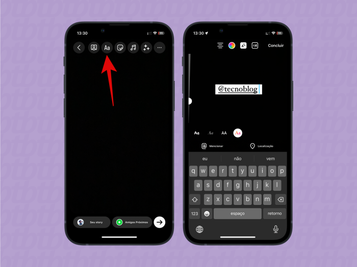Captura de tela do processo para marcar alguém nos Stories do Instagram com a ferramenta de texto