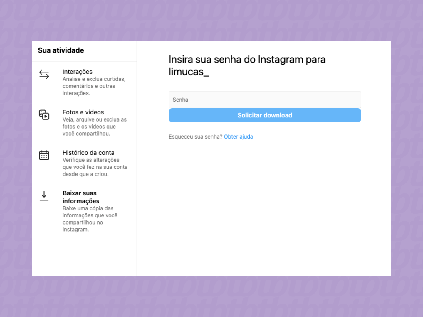 captura de tela do processo para pedir o backup do instagram com todas as fotos e vídeos publicados