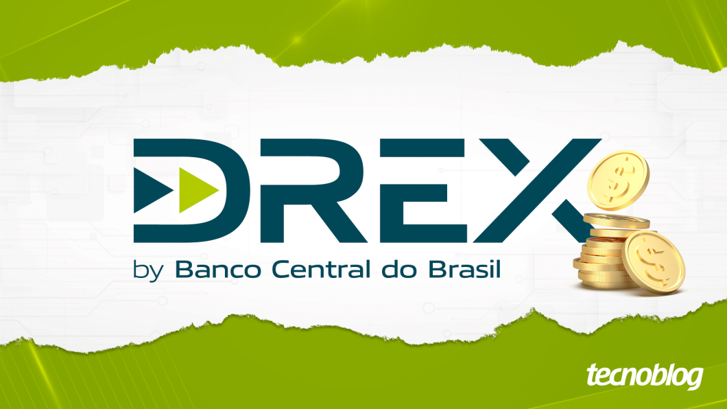 Marca do Drex, composta por letras em azul o texto "by Banco Central do Brasil" embaixo. A ilustração traz ainda moedas douradas.
