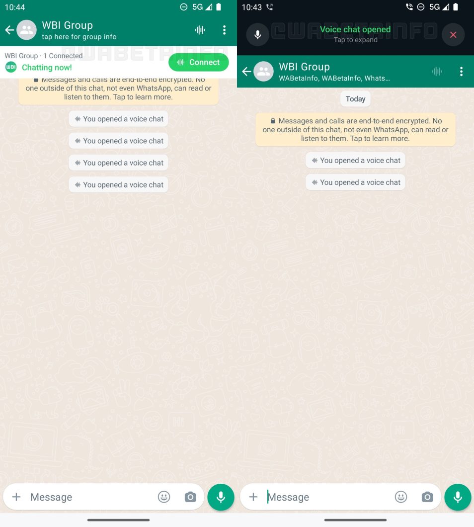 Chats de voz no WhatsApp abrirão um novo menu no grupo quando estiver ativo (Imagem: Reprodução/WABetaInfo)
