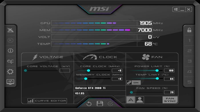 O MSI Afterburner permite ajustar a tensão (imagem: reprodução/MSI)