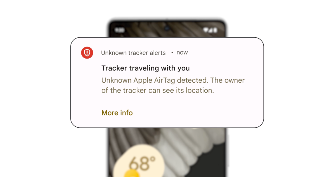 Print de notificação que diz: "Unknown Apple AirTag detected. The owner of the tracker can see its location."