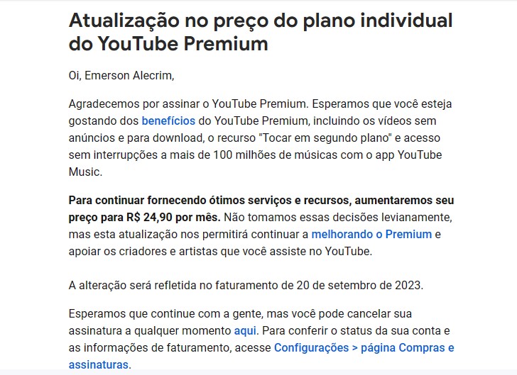 Email enviado para assinantes do YouTube Premium informa que aumento passa a valer em 20 de setembro para quem já é cliente (Imagem: Reprodução/Tecnoblog)