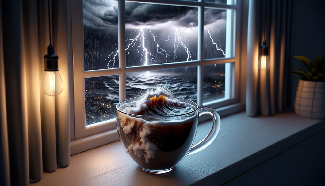 Xícara de café com ondas no líquido diante de uma janela, onde é possível ver uma tempestade