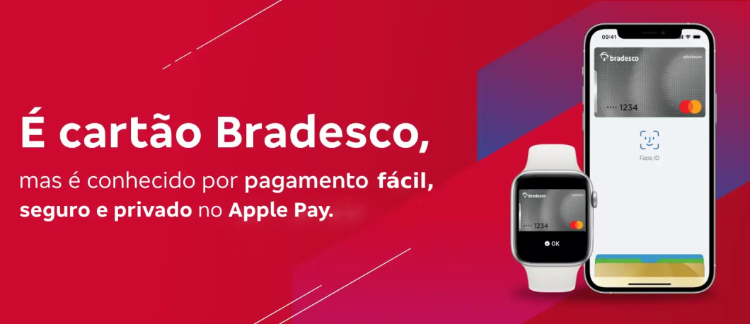 Imagem de Apple Watch e iPhone com cartões Bradesco Mastercard na tela do Apple Pay
