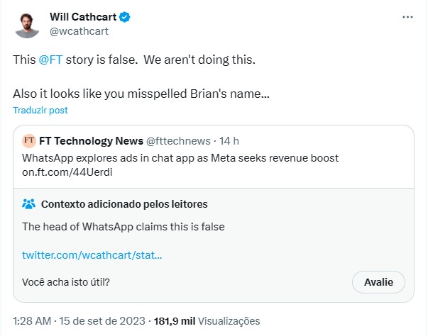 Will Cathcart, CEO do WhatsApp, desmentiu Financial Times com mensagem no Twitter/X (Imagem: Reprodução/Tecnoblog)