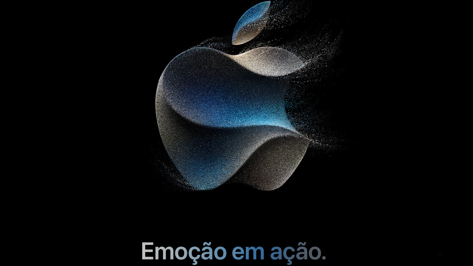 Print de convite com a marca estilizada da Apple e os textos "Emoção em ação", "12 de setembro de 2023" e "14h (BRT)" logo abaixo.