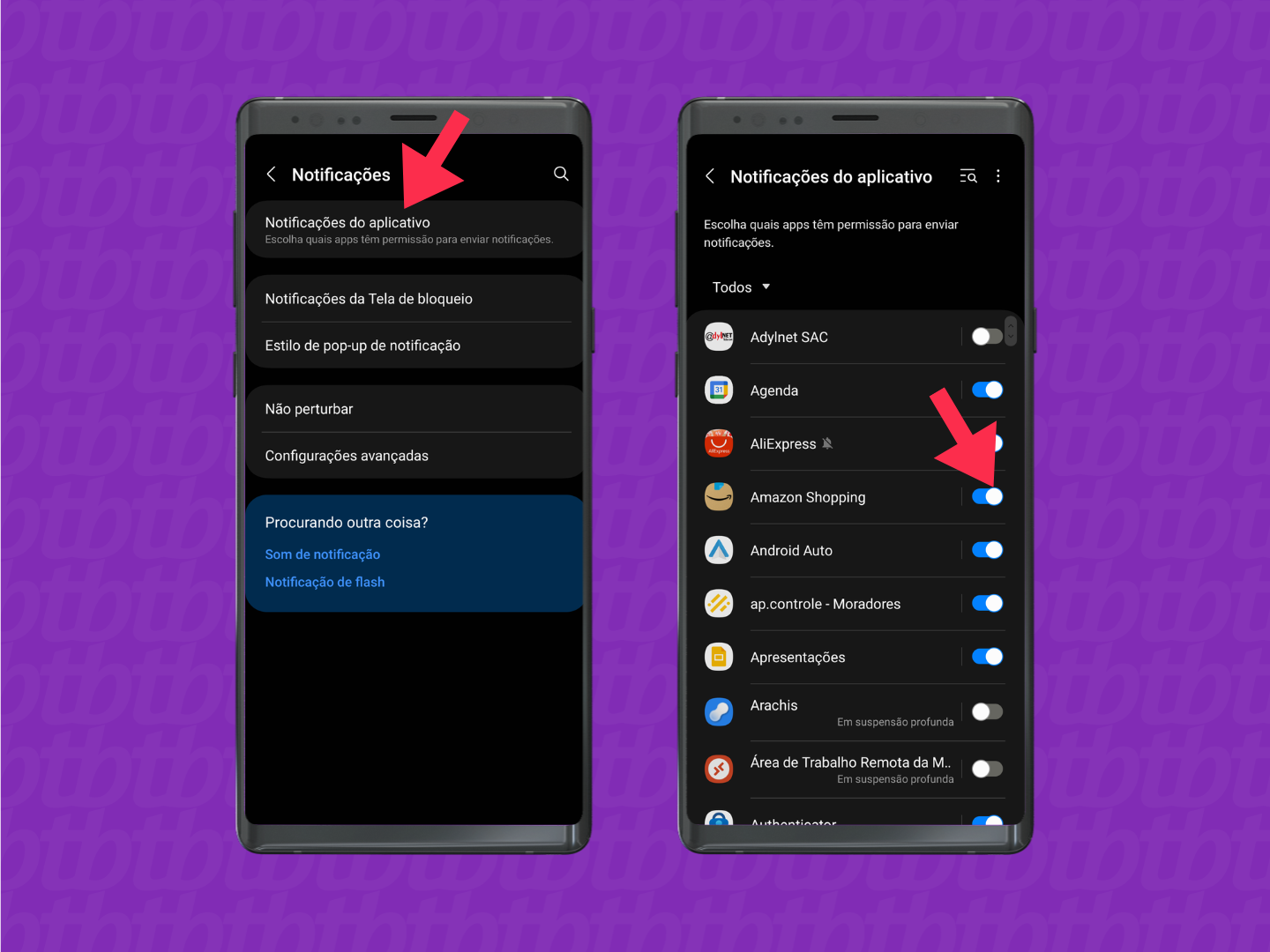 captura de tela do processo para desativar notificações de aplicativos no android