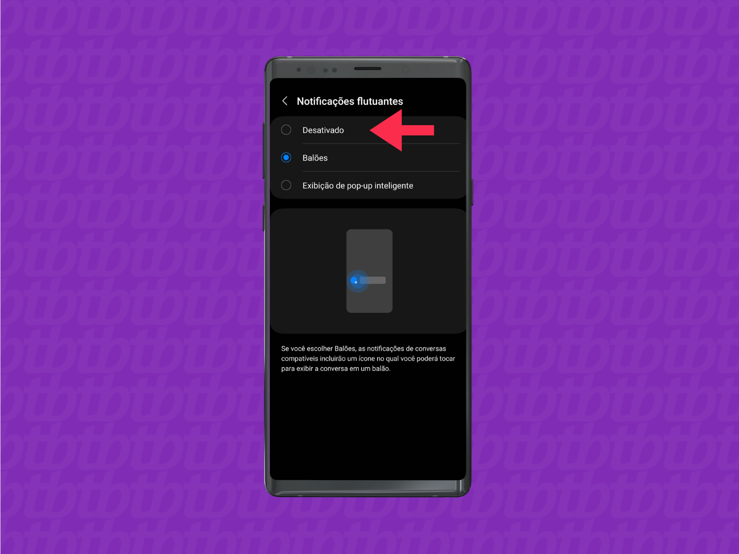 captura de tela do processo para desativar notificações flutuantes no android