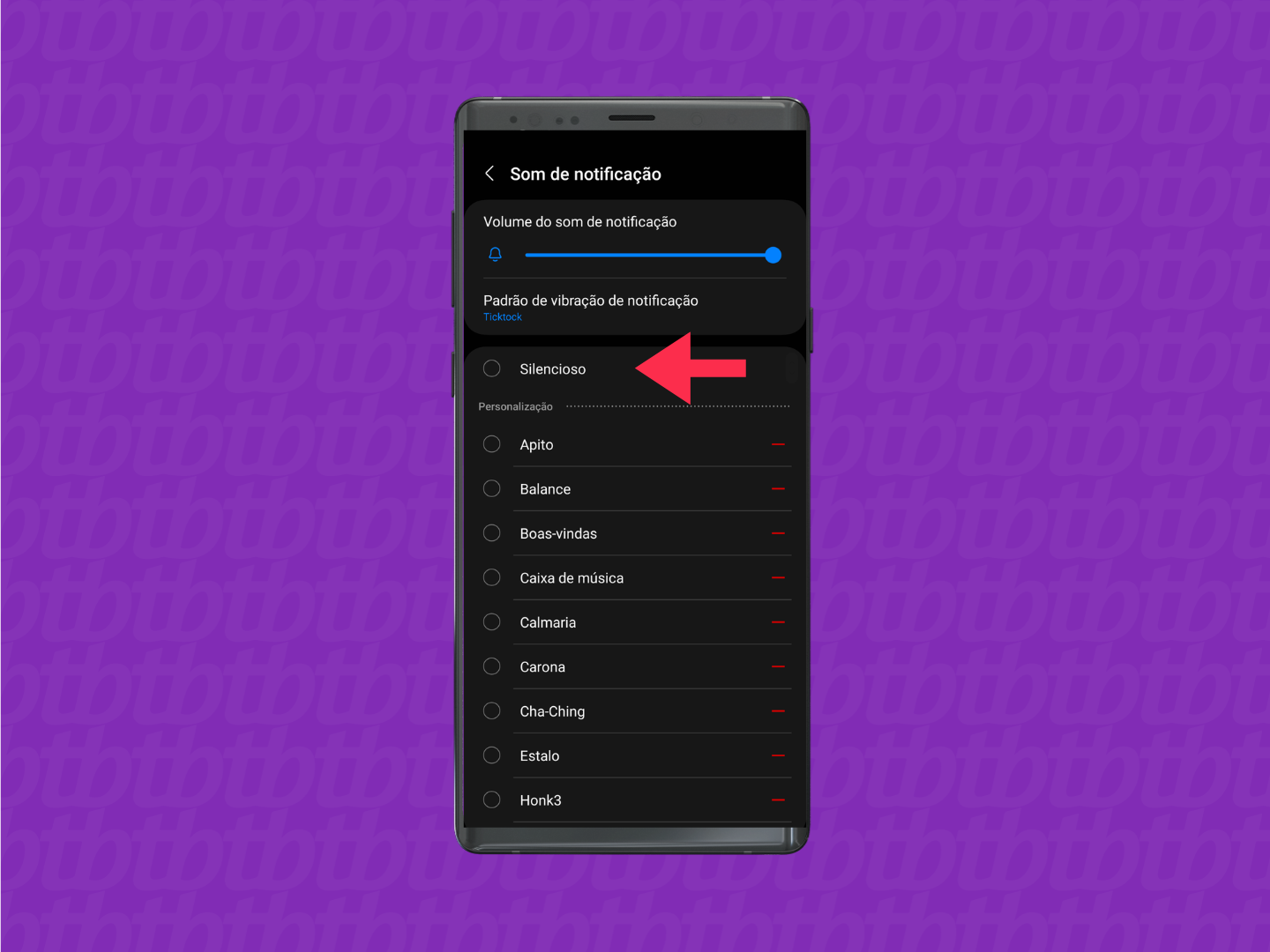 captura de tela do processo para desativar o som e vibração de notificações no Android