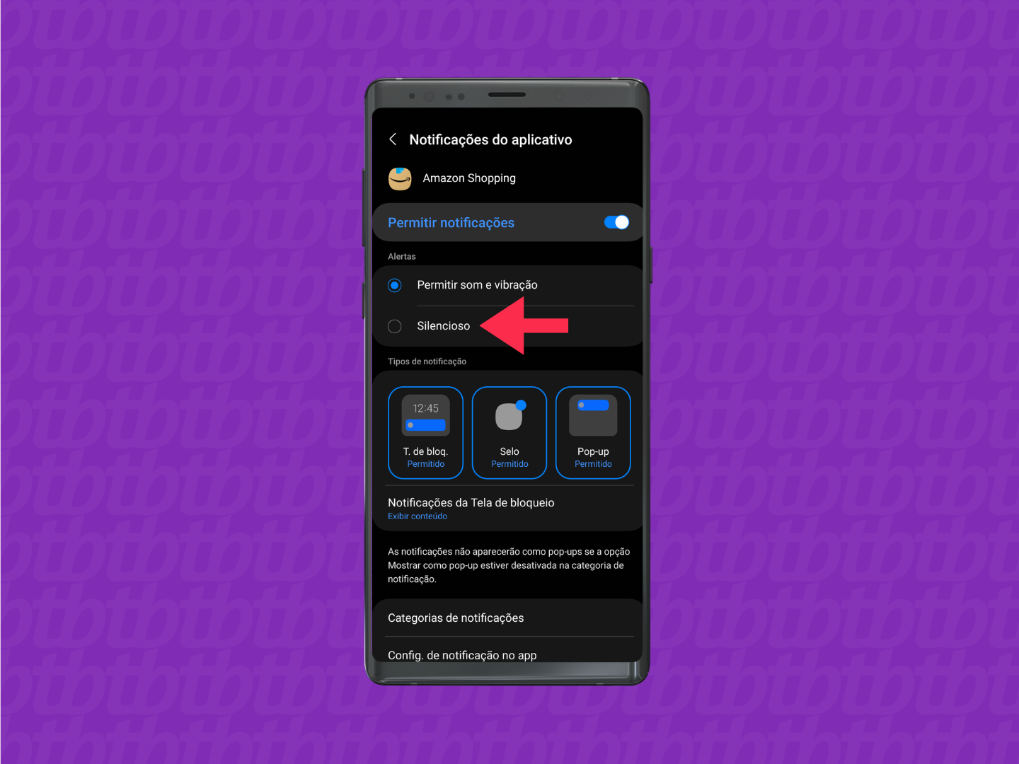 captura de tela do processo para desativar o som e vibração de notificações no Android