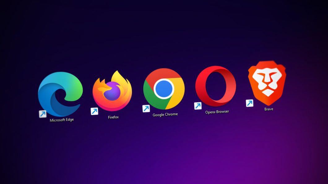 Ícones de Edge, Firefox, Chrome, Opera e Brave lado a lado