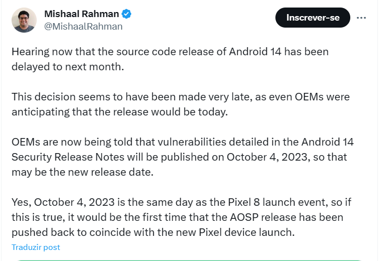 Jornalista publicou no X/Twitter que Android 14 foi atrasado e parceiras do Google souberam do caso em cima da hora (Imagem: Reprodução/Tecnoblog)