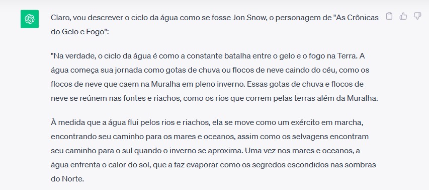 ChatGPT descreve ciclo da água "simulando" o personagem Jon Snow (Imagem: Reprodução/Tecnoblog)