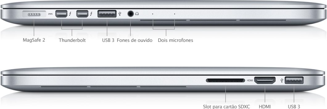 MacBook Pro (2013) com tela Retina tinha portas Thunderbolt 2 no padrão Mini DisplayPort (Imagem: Divulgação/Apple)