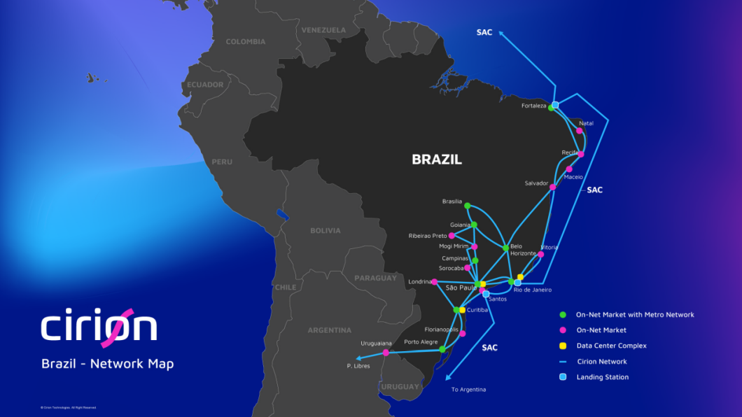 Mapa de rede de cabos da Cirion no Brasil (Imagem: Divulgação/Cirion)