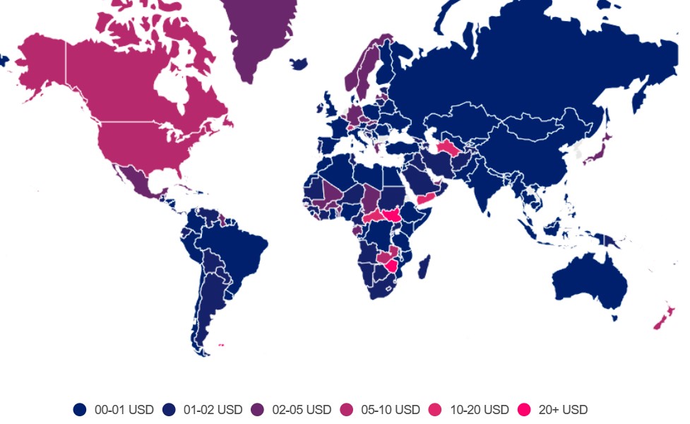 Mapa mostra faixa de preços da internet móvel no mundo (Imagem: Reprodução/Cable)