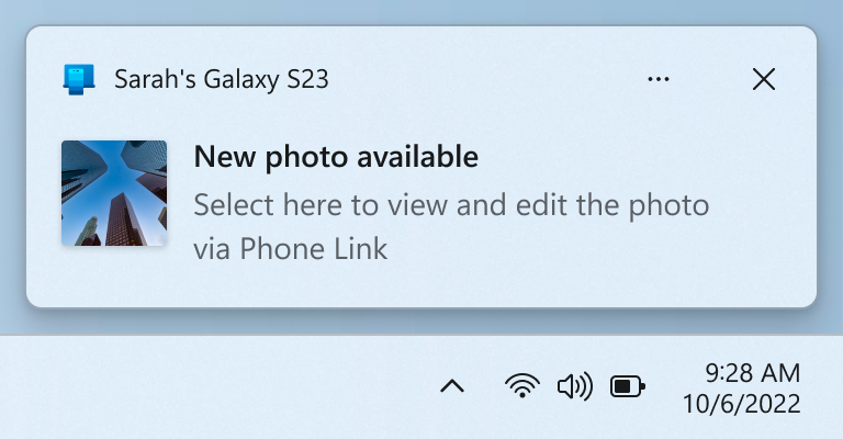 Notificação do Windows 11 avisa que smartphone tirou uma foto