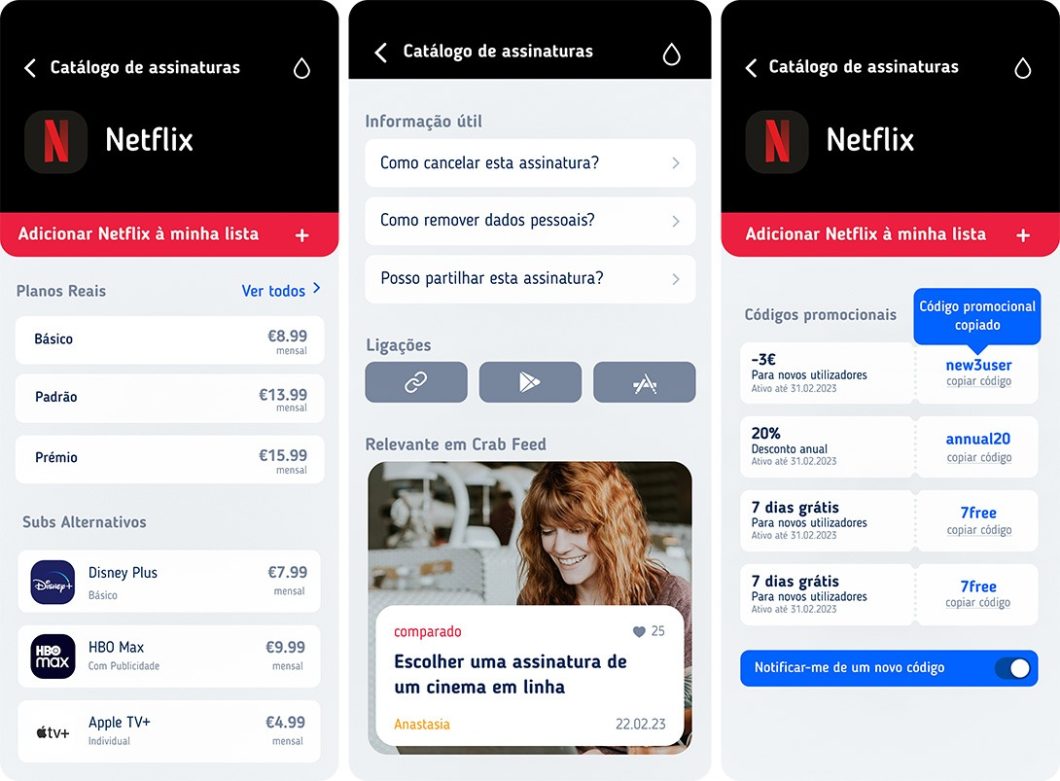 Três telas do app SubsCrab, com alternativas à Netflix, instruções de cancelamento e cupons de desconto