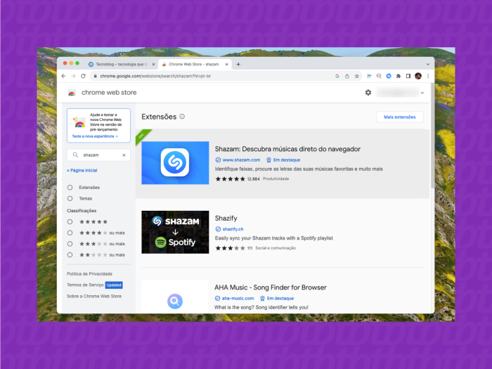 achar música pelo som pc usando a extensão do Shazam para Google Chrome