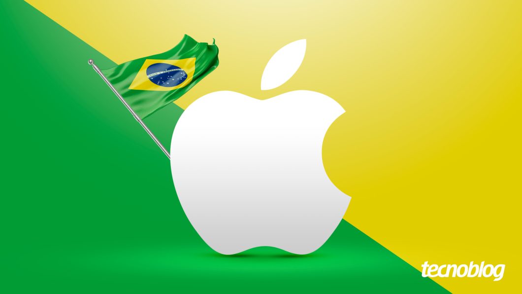 Ilustração mostra a marca da Apple e a bandeira do Brasil