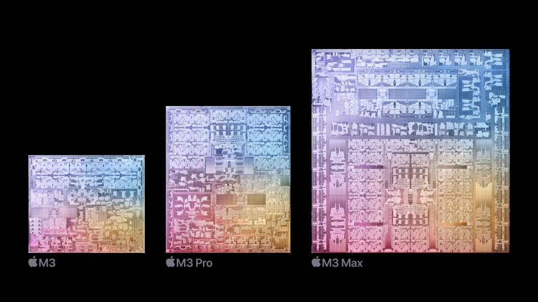 Arquitetura dos chips M3, M3 Pro e M3 Max (Imagem: Divulgação/Apple)