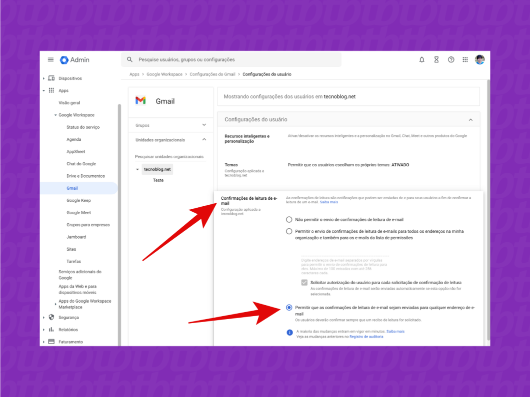 painel do Google Admin Console para ativar as confirmações de leitura de e-mails do Gmail