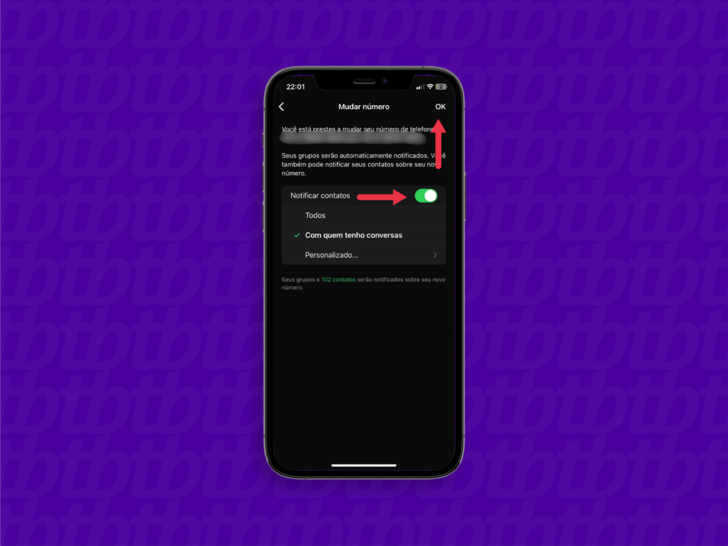 Captura de tela mostra página inicial do WhatsApp para iPhone com uma seta vermelha indicando o botão "Notificar contatos" e outra em "Ok"