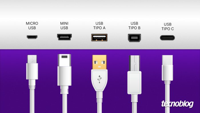 Conectores micro-USB, mini-USB, USB-A, USB-B, USB-C (imagem: Vitor Pádua/Tecnoblog)