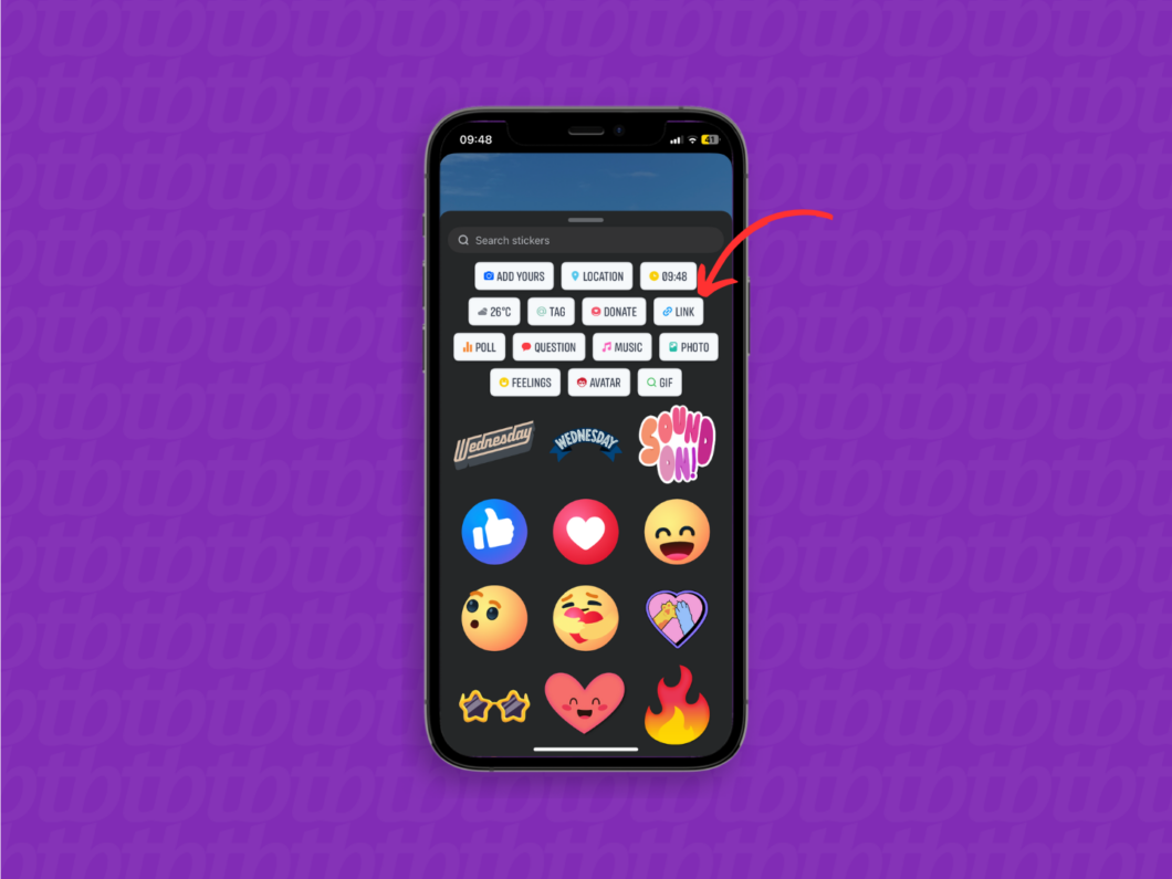 Selecione a opção "Link" para adicionar em um story.
