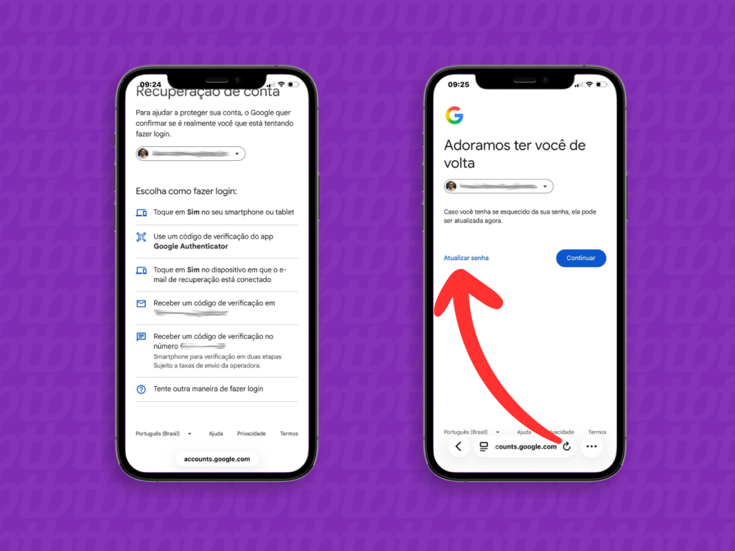 Usando métodos alternativos para recuperar a Conta Google e atualizar a senha no celular (accounts.google.com)