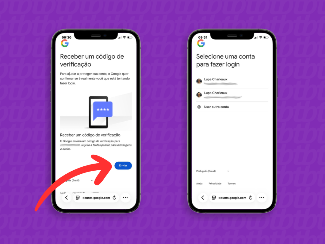 Telas do celular enviando um código de verificação para o número vinculado à Conta Google