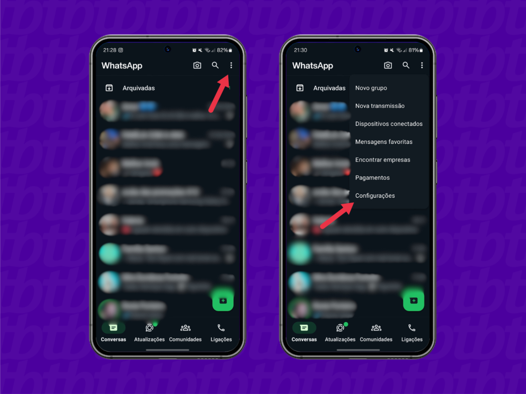 Captura de tela mostra dois celulares mostrando o aplicativo WhatsApp. Um mostra a tela inicial e outro mostra janela pop-up com seta indicando botão "Configurações"