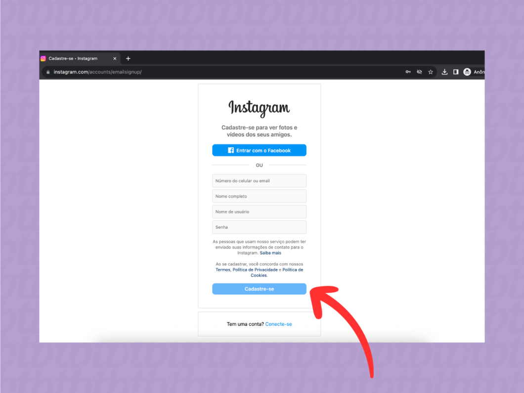 Formulário pede dados do usuário para criar conta no Instagram pelo PC