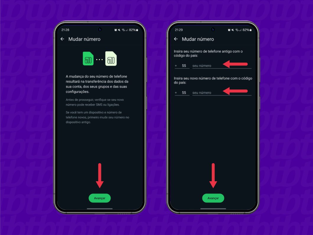Captura de tela mostra dois celulares mostrando o aplicativo WhatsApp. Em ambos, a seta aponta para "Avançar"