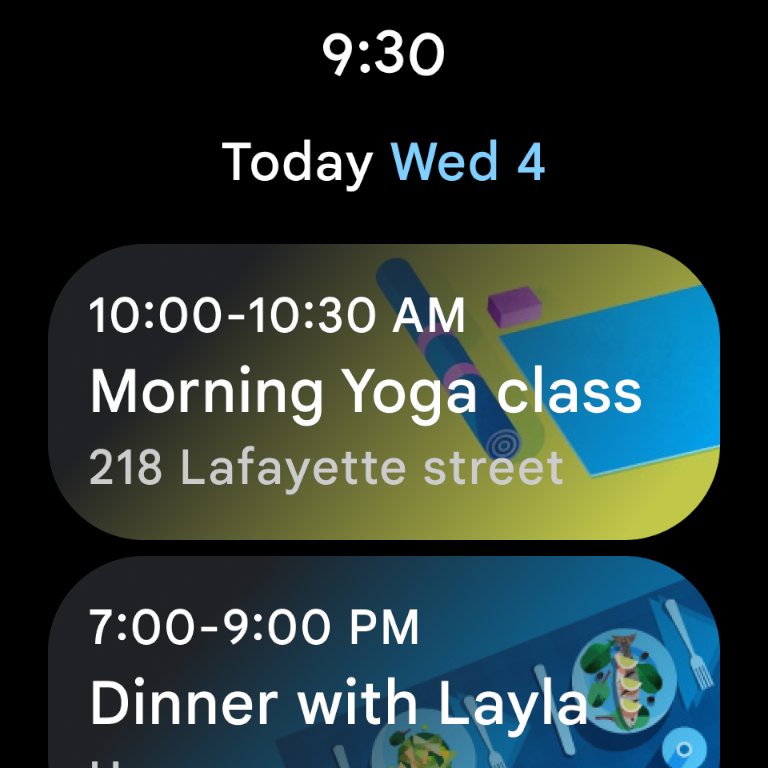 Tela do app Google Agenda para Wear OS como uma lista de dois eventos, a data e o horário atual