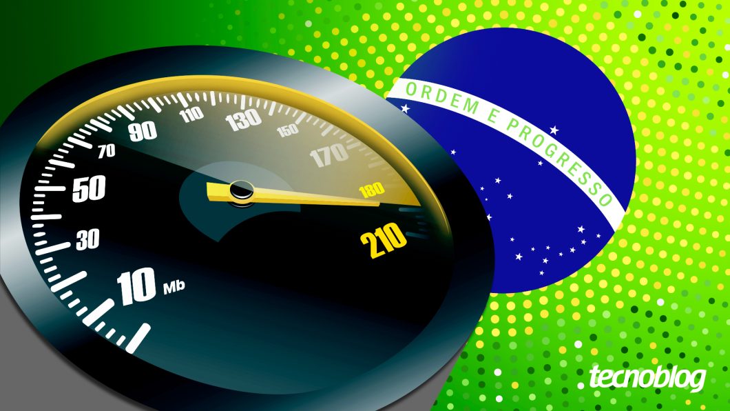 Ilustração com velocímetro adaptado para velocidade de internet ao lado de uma bandeira do Brasil